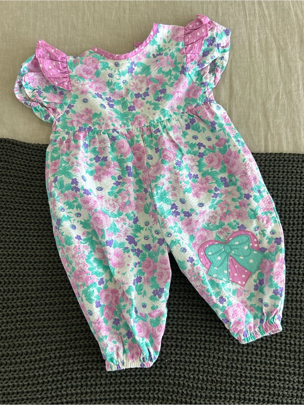 Vintage Small Steps Floral Baby Romper with appliquéd detail - Pink & Mint